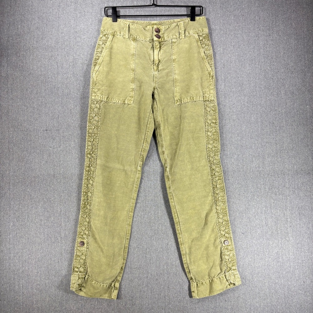 Sundance Women Green Linen Blend Lace Trim Cargo Utility Pants Size 2 SP119